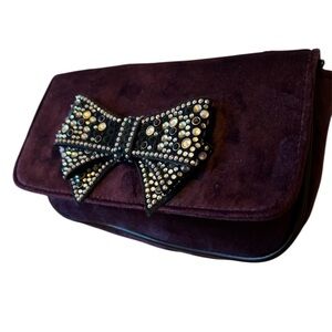 Handbag/Shoulder/Crossbody Plum Velvet Rhinestone Bow Silver shoulder strap